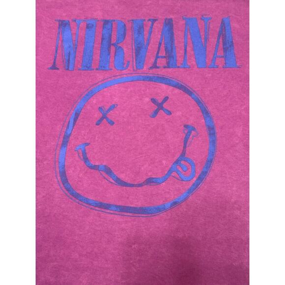 Nirvana Pink Women's Short Sleeve Nevermind Smiley Grunge Band T-Shirt Sz L - Picture 4 of 7